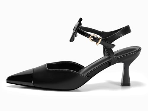 Coutgo Womens Kitten Heels Dress Shoes Closed Pointed Toe Ankle Strap Bow Pumps
