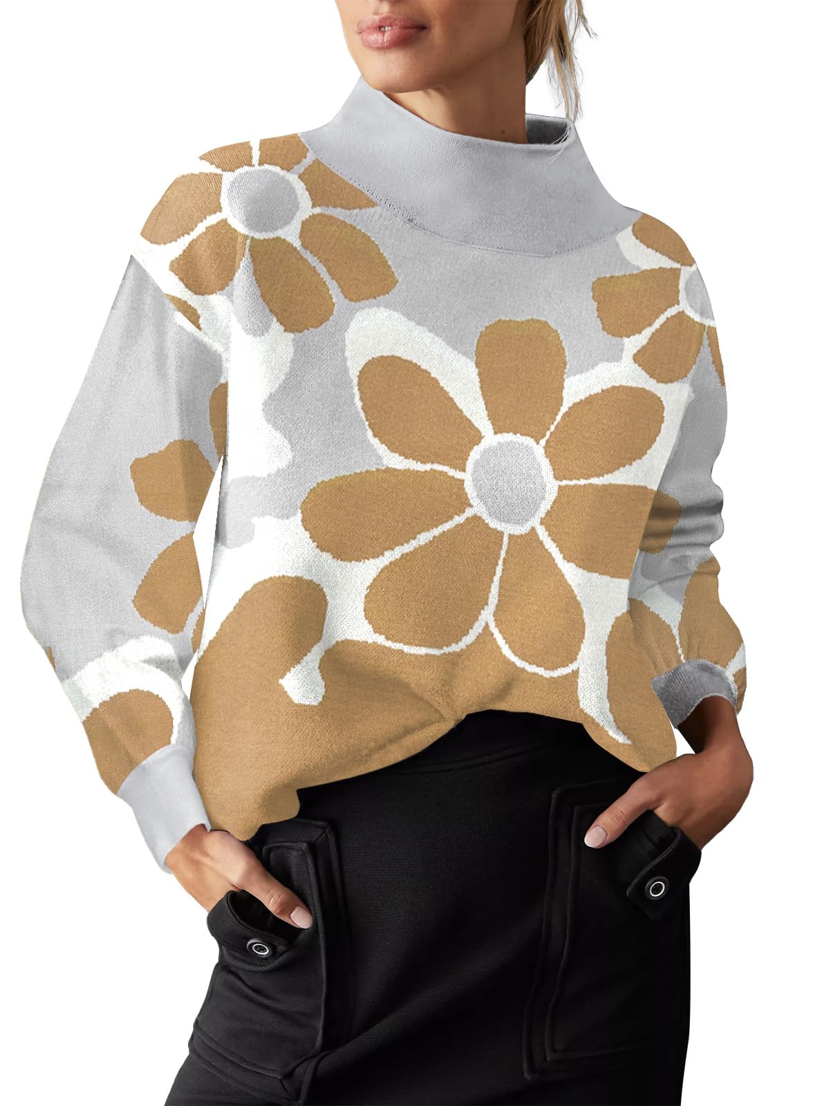 Womens Long Sleeve Sweater Loose Casual Turtleneck Soft Knitted Outwear Solid Knit Pullover Top