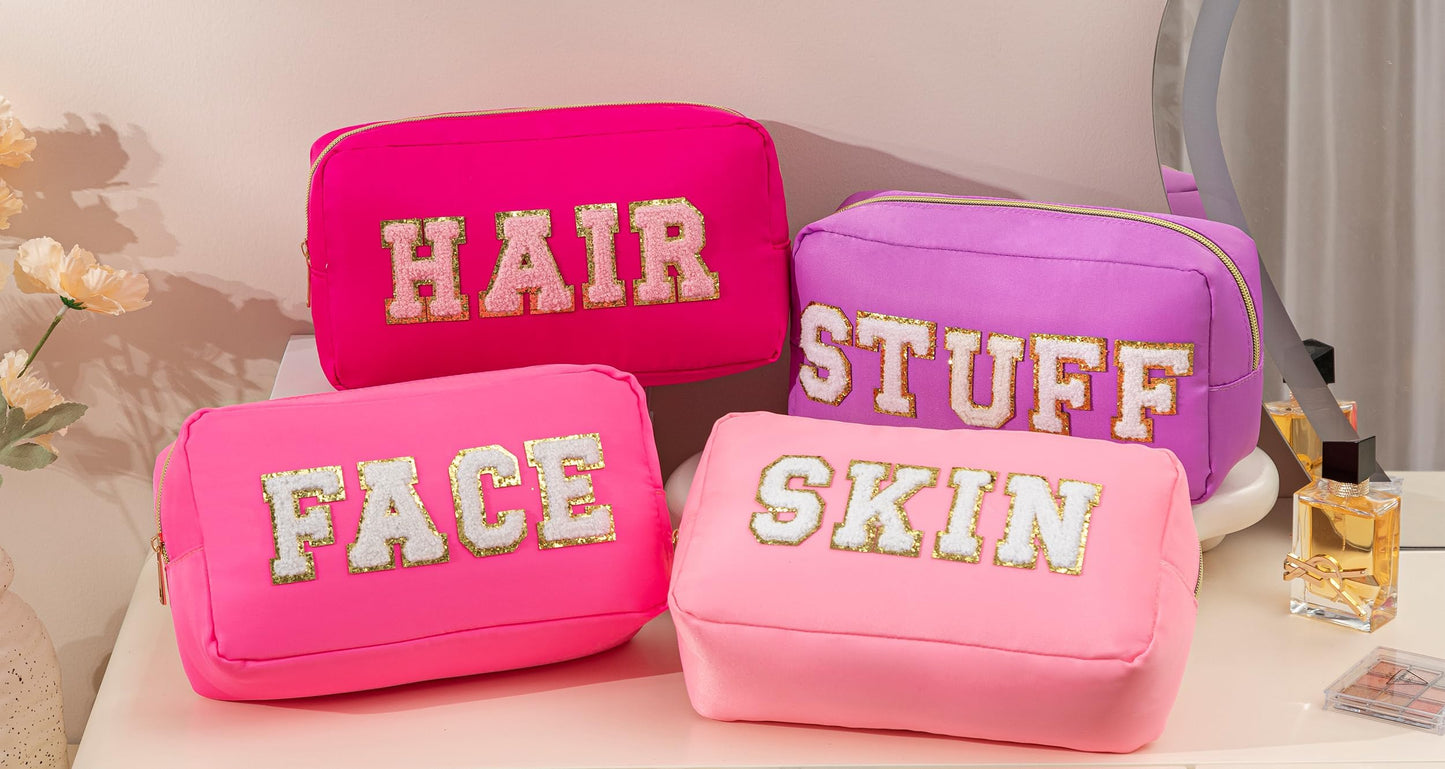HBselect 4 Pcs Preppy Makeup Bag Travel Stuff Bag Chenille Letter Patch Nylon Cosmetic Bag Large Capacity Portable Toiletry Bag Waterproof Makeup Organizer Bag Set for Women Teen Girl