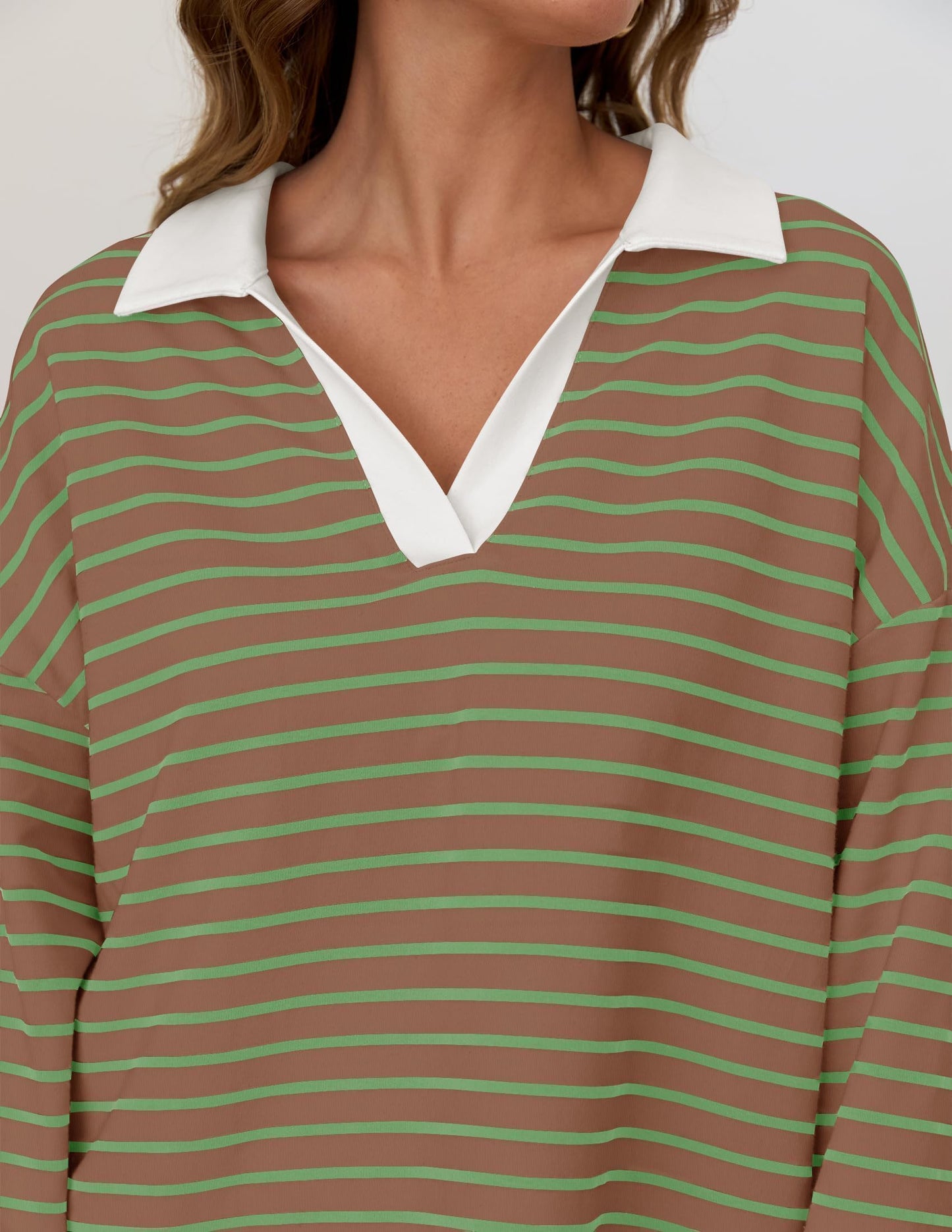ZESICA Womens Striped Long Sleeve Shirts 2024 Casual V Neck Oversized Sweatshirt Loose Fit Tunic Tops Fall Blouses
