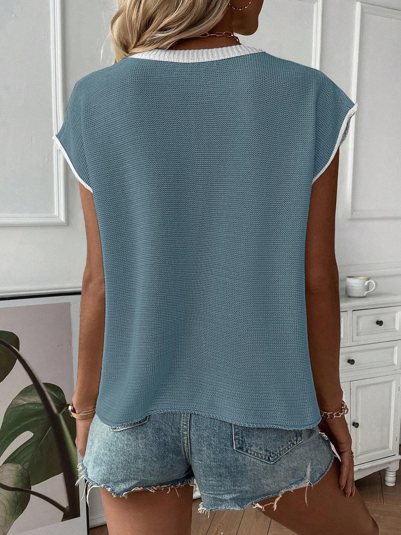 SAUKOLE Women's Sleeveless Sweater Vest Casual V Neck Cap Sleeve Knit Pullover Tank Tops 2024 Spring Clothes