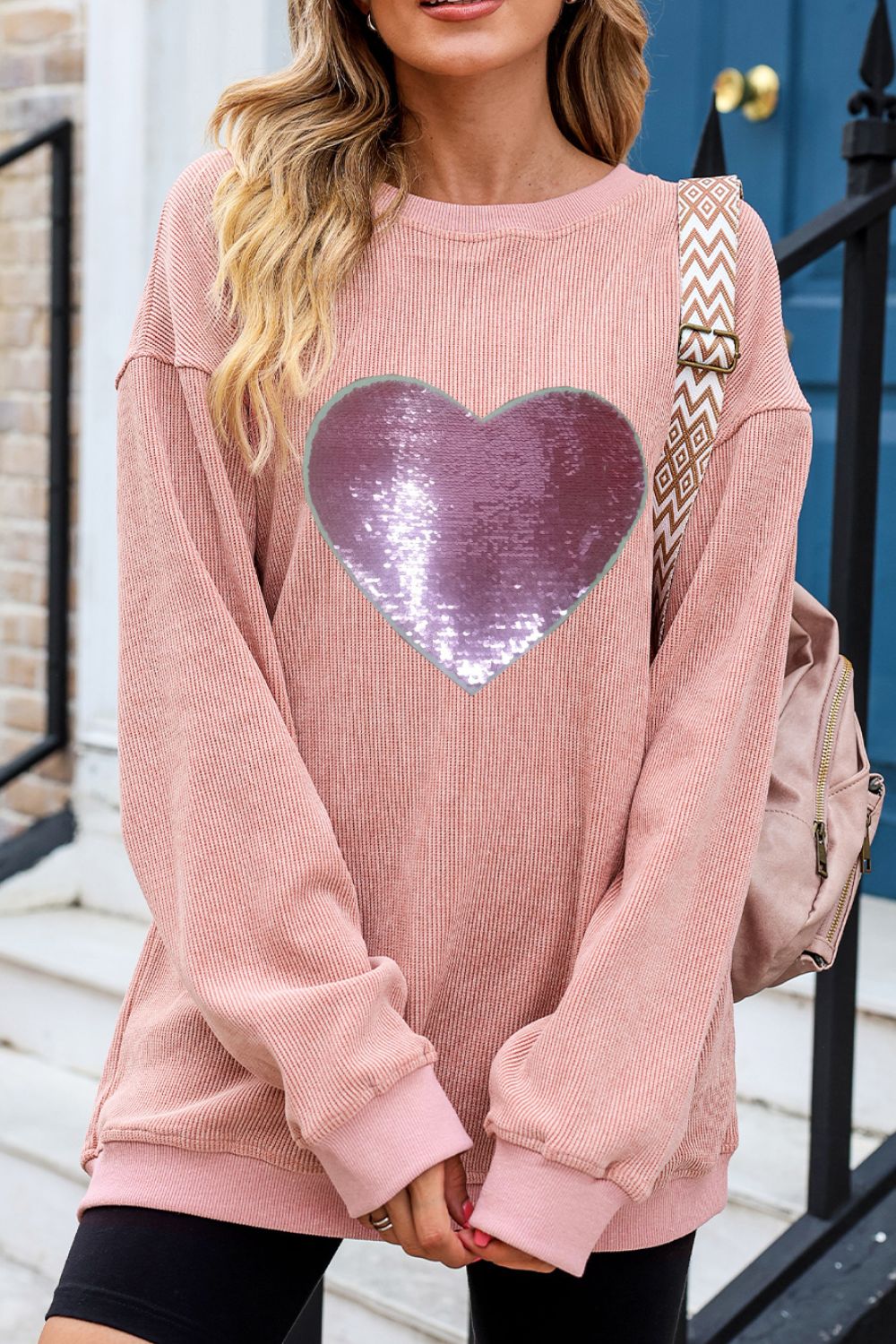 Valentine’s Day Sequin Heart Round Neck Long Sleeve Sweatshirt