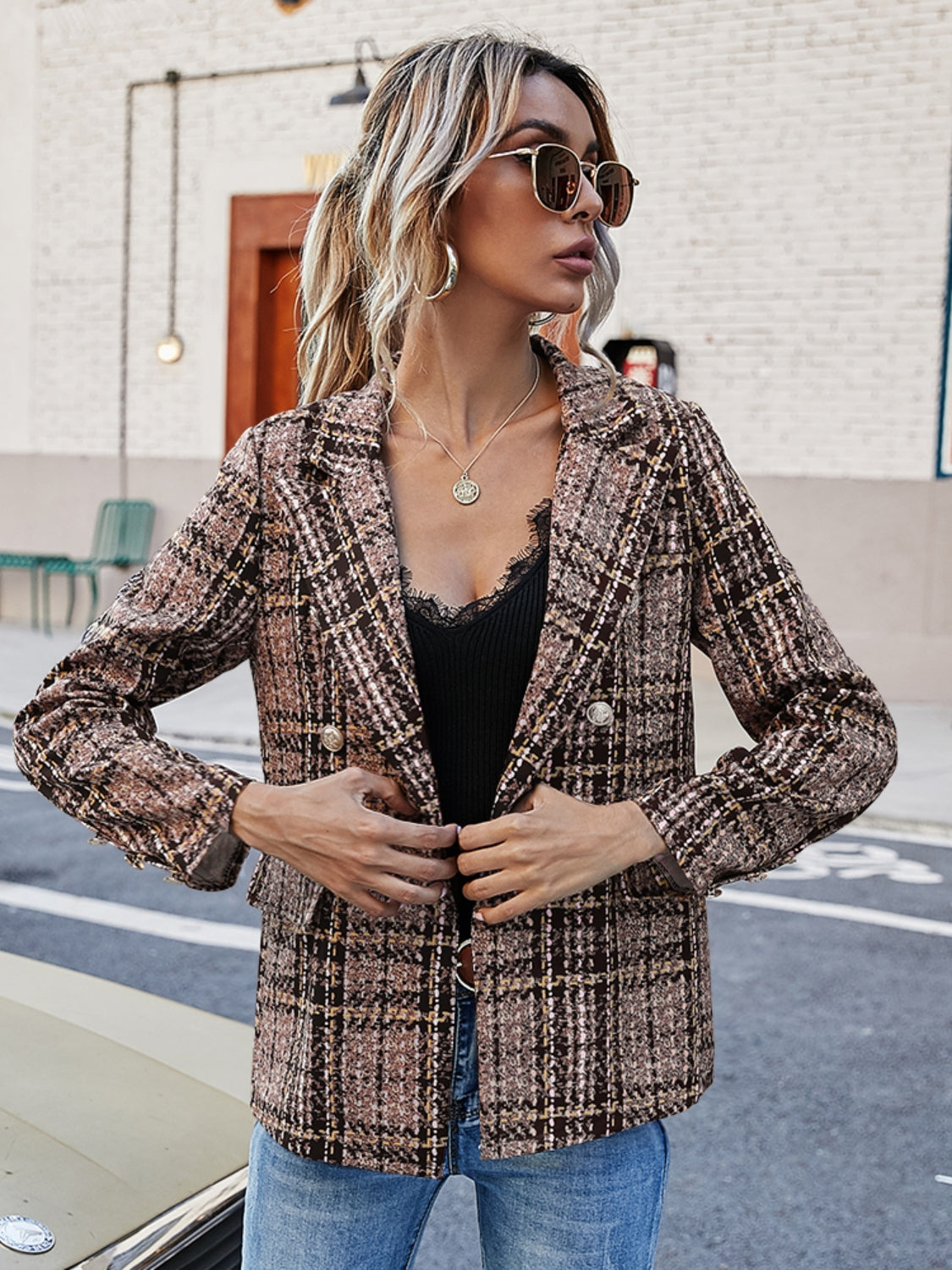 Full Size Plaid Lapel Collar Blazer