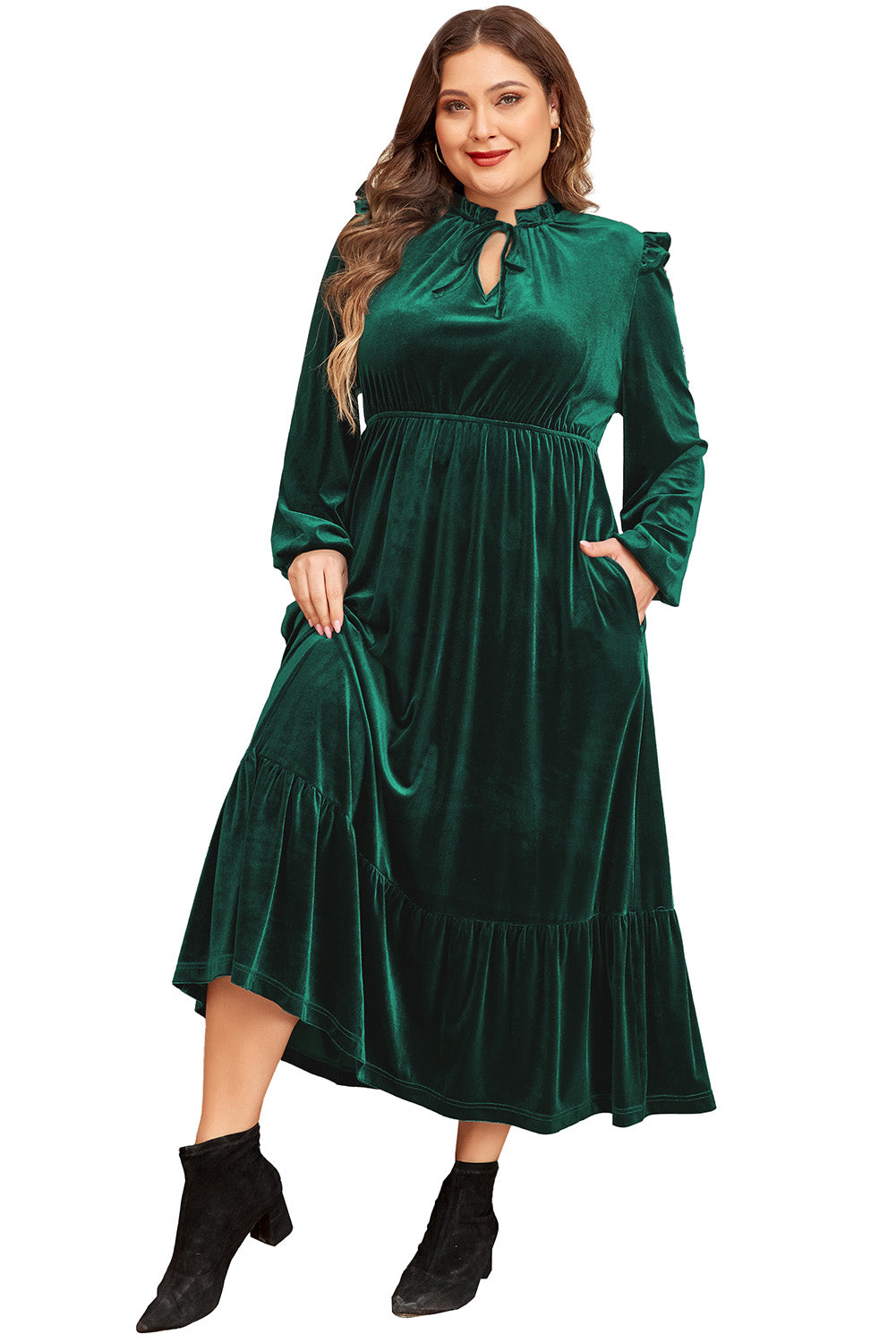 Blackish Green Velvet Frilled up Neck Ruffled High Waist Plus Size Midi Dress