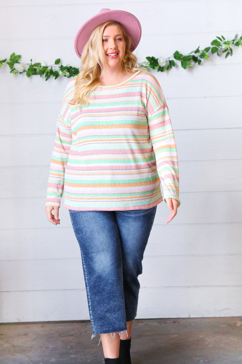 Green Apple & Tangerine Textured Vintage Stripe Top