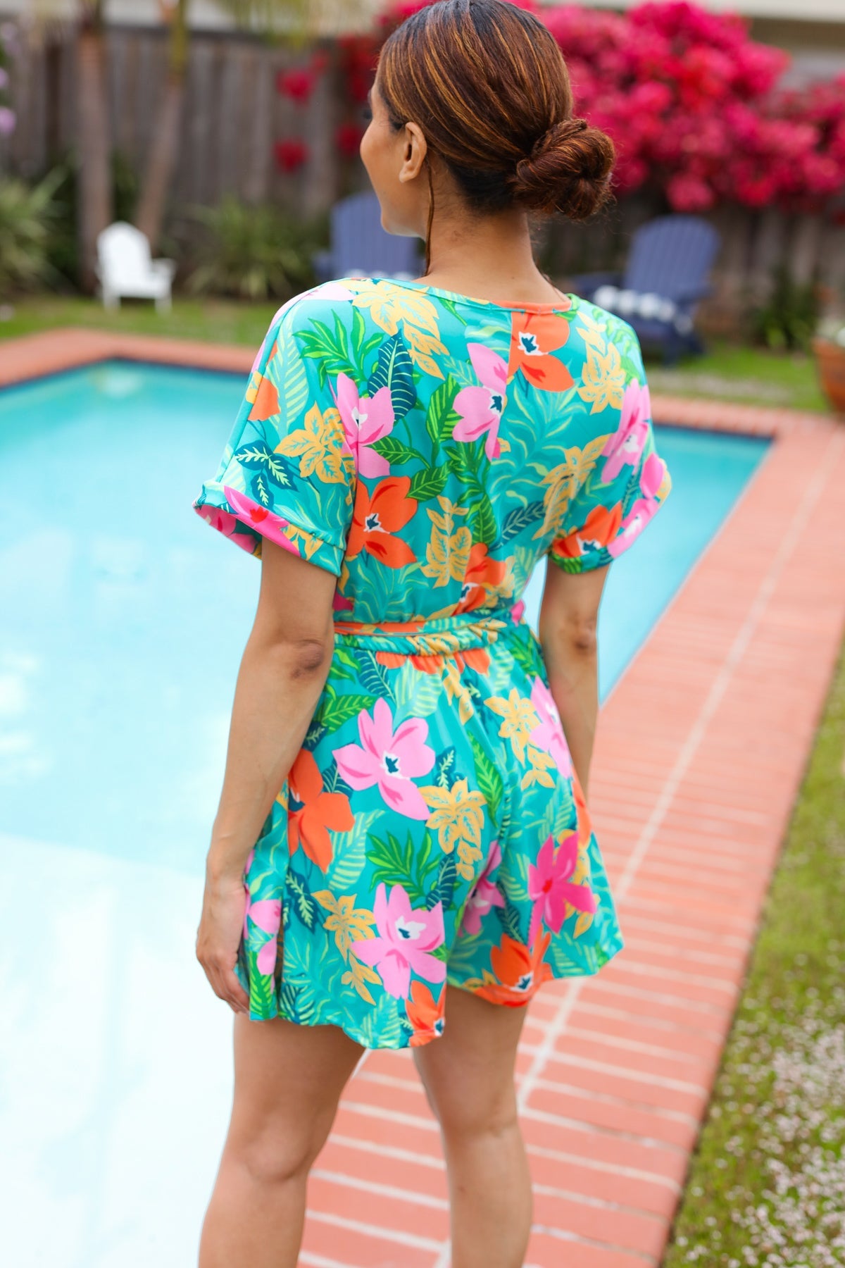 Tropical Vibes Turquoise Floral Surplice Tie Waist Romper