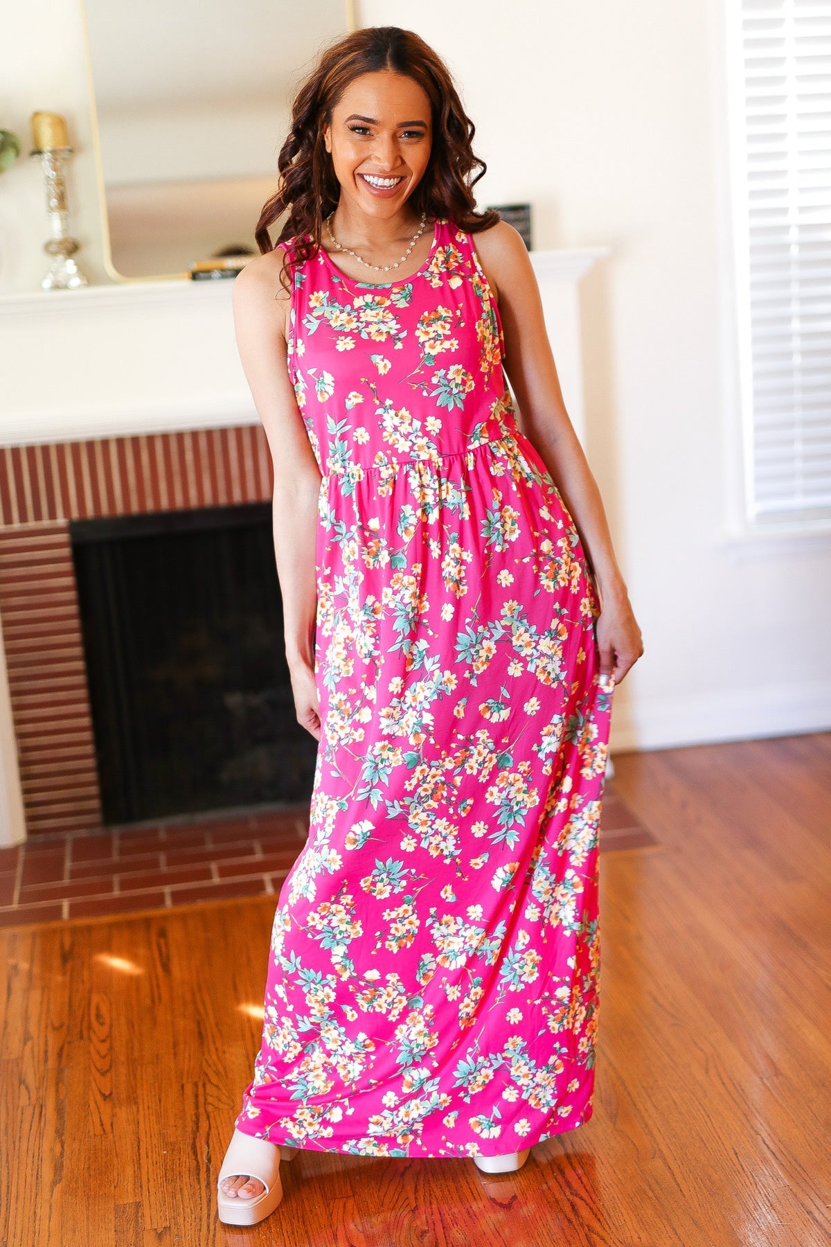 Pink Floral Print Fit and Flare Sleeveless Maxi Dress