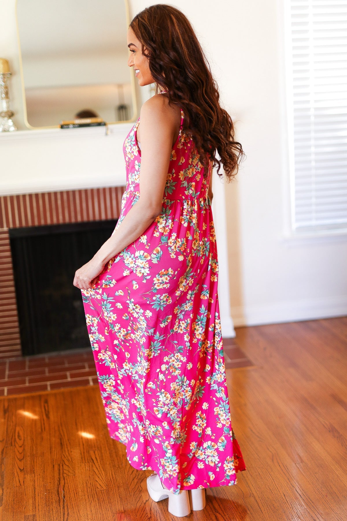 Pink Floral Print Fit and Flare Sleeveless Maxi Dress