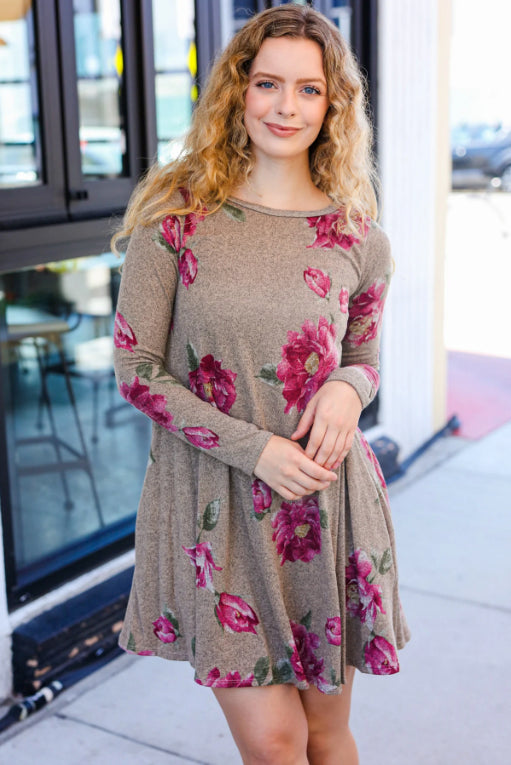 True Love Taupe & French Rose Floral Print Long Sleeve Dress