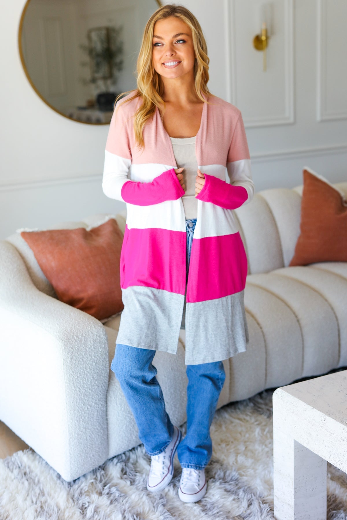 Face The Day Blush Wide Stripe Hacci Colorblock Cardigan