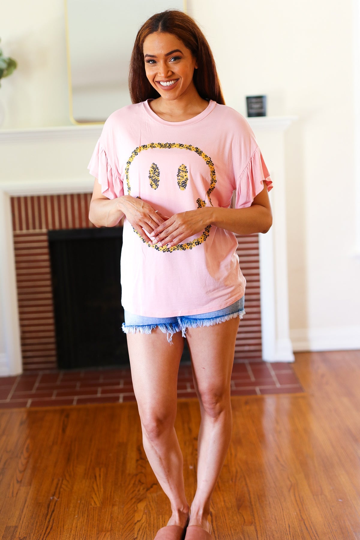 Live For Today Pink Floral Smiley Face Flutter Sleeve Tee