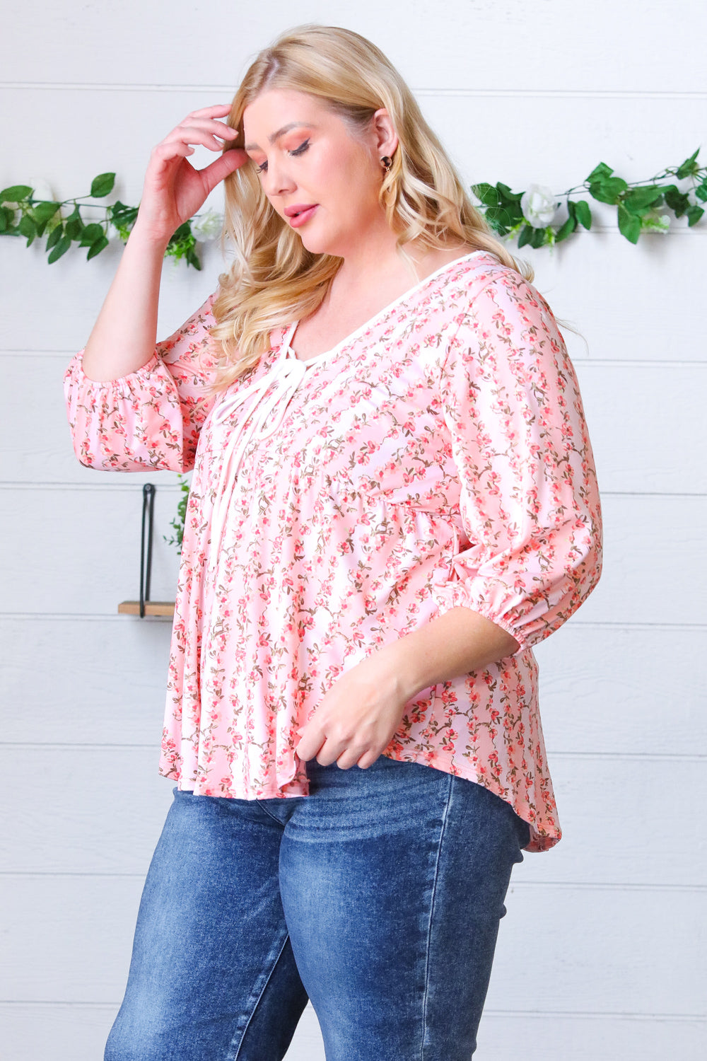 Pink Floral Stripe V Tie Neck Knit Top