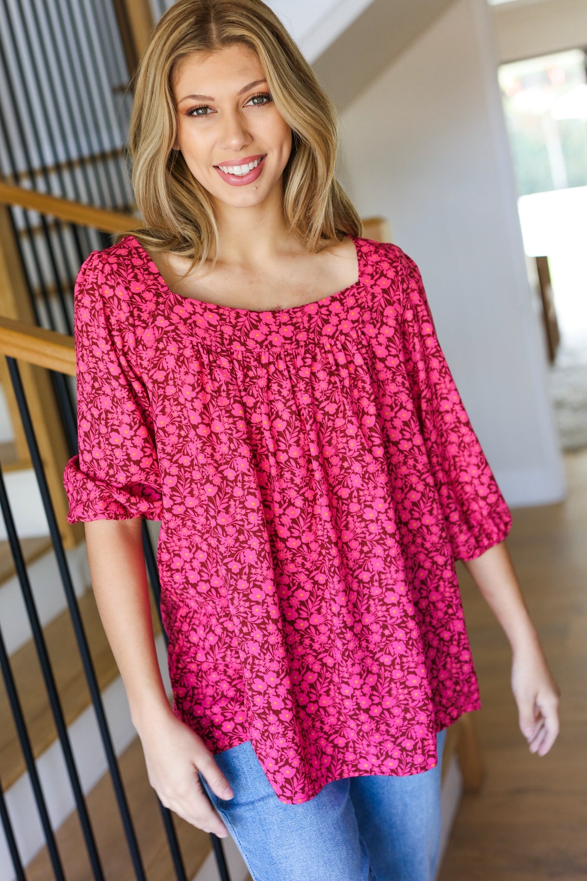 Perfectly You Fuchsia Floral Three Quarter Sleeve Square Neck Top