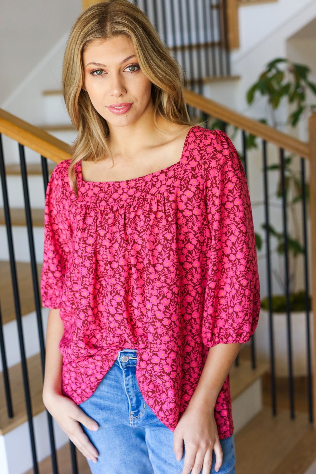 Perfectly You Fuchsia Floral Three Quarter Sleeve Square Neck Top