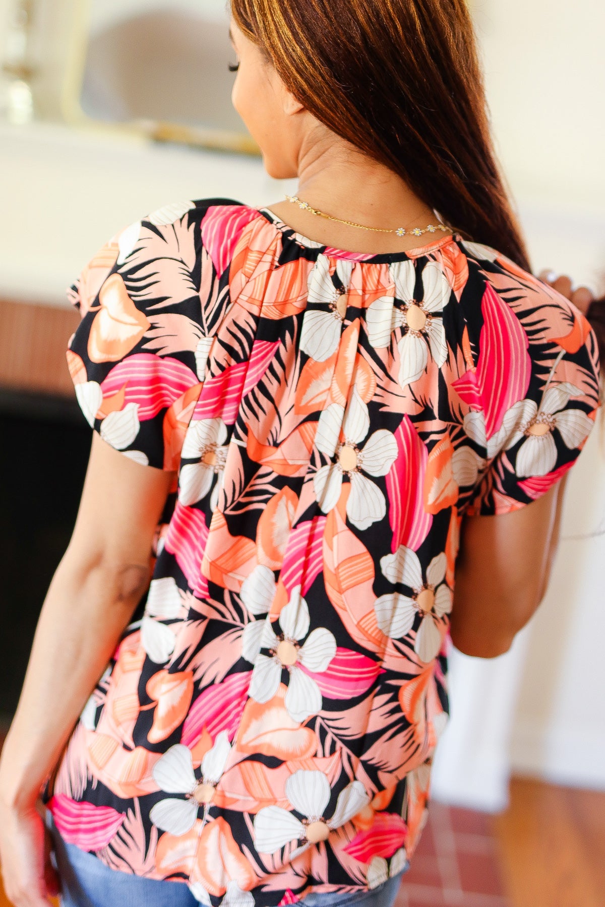 Peach Tropical Floral Tie Neck Raglan Top