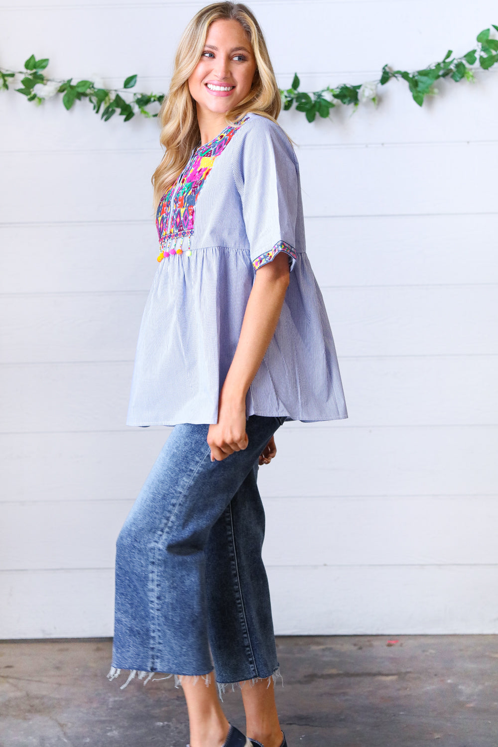 Navy Stripe Embroidered Beaded Pom Pom Yoke Top