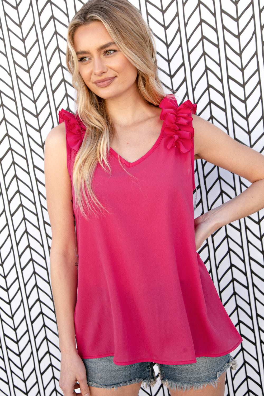 Fuchsia Frill Shoulder Sleeveless Crepe Woven Top