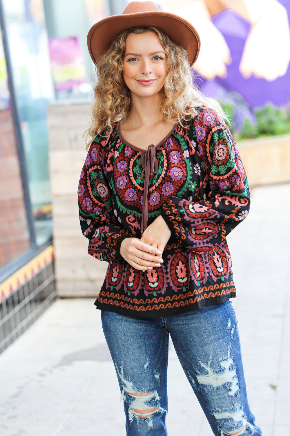 Take The Leap Black & Mauve Border Print Boho Tie Top