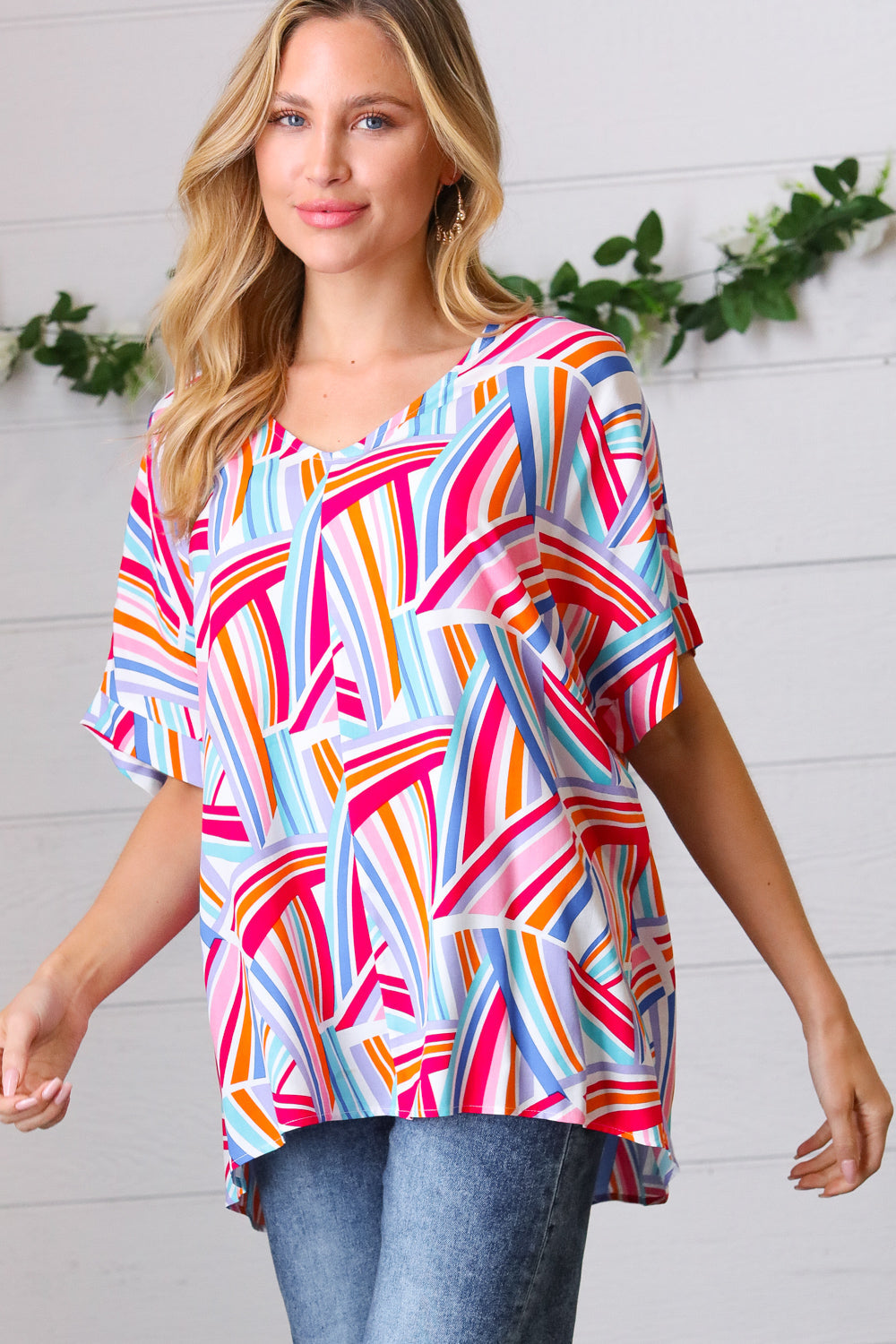 Blue & Fuchsia Geometric Print Woven Top