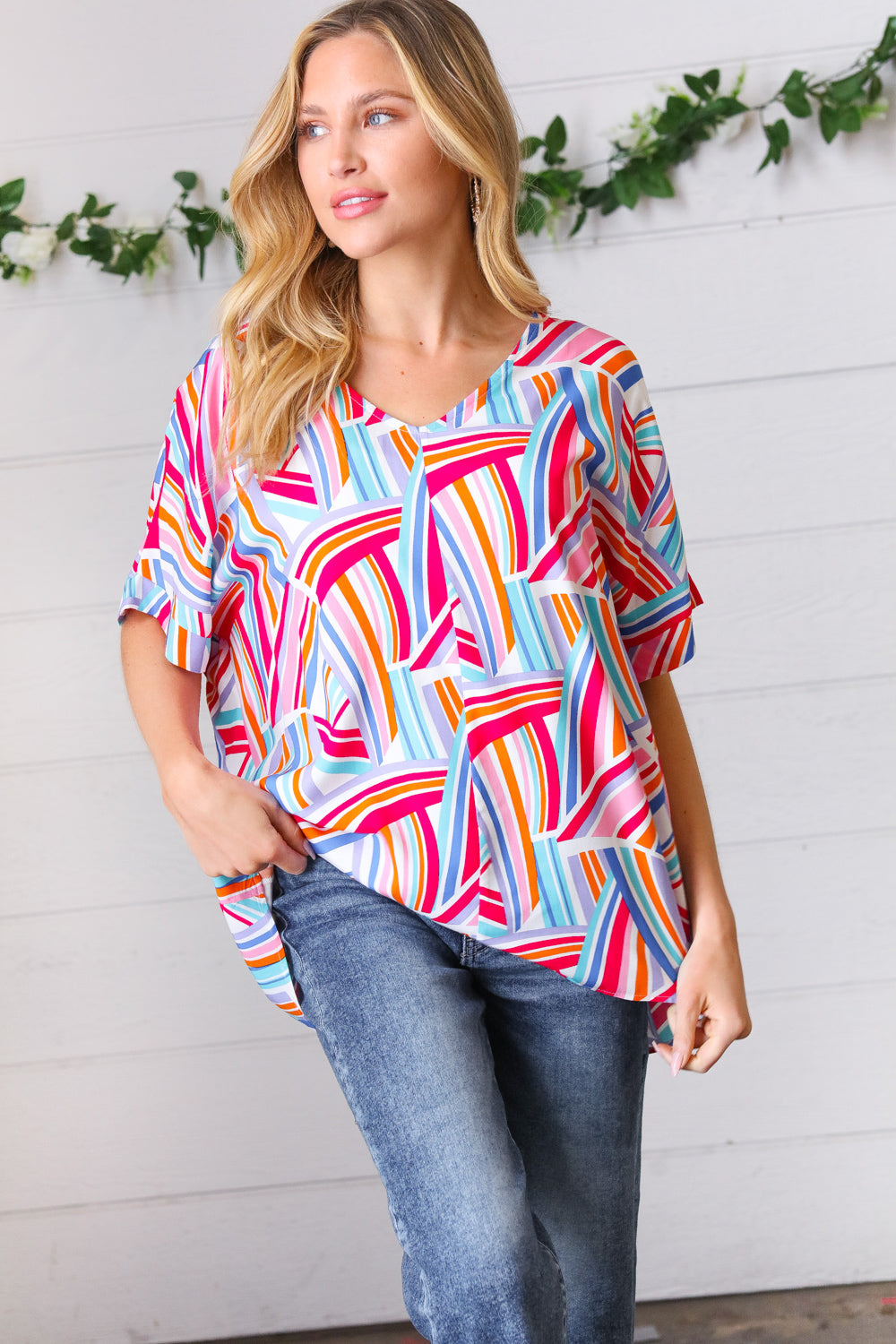 Blue & Fuchsia Geometric Print Woven Top