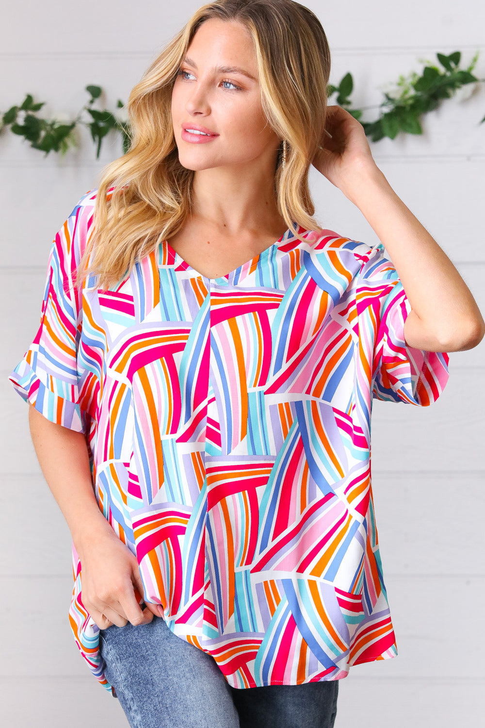 Blue & Fuchsia Geometric Print Woven Top