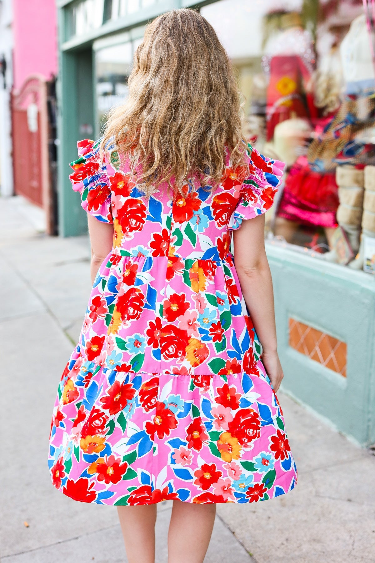 Love Found Pink Floral Smocked Ruffle Sleeve Tiered Dress