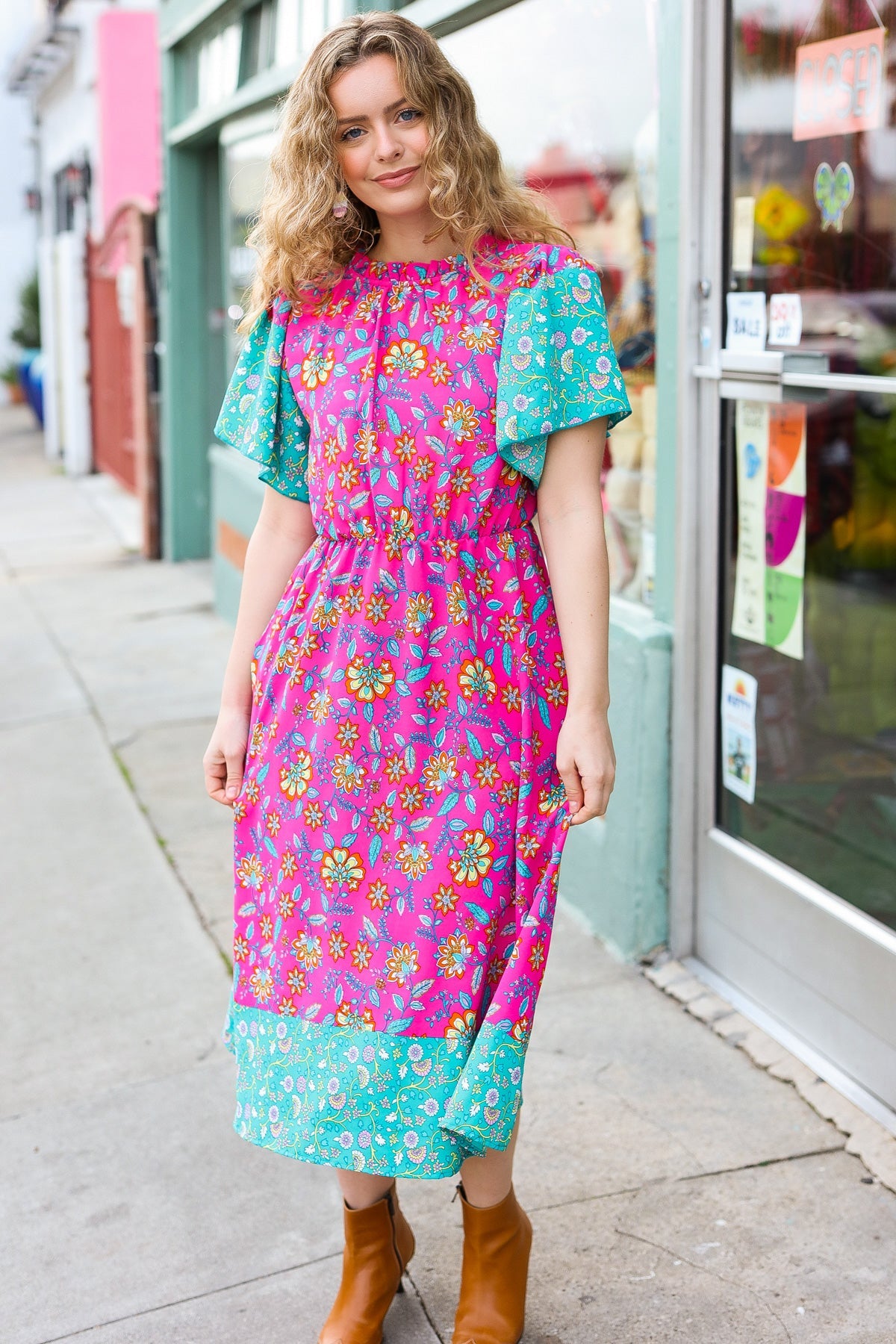 Charming Fuchsia & Mint Floral Frill Mock Neck Flutter Sleeve Midi Dress