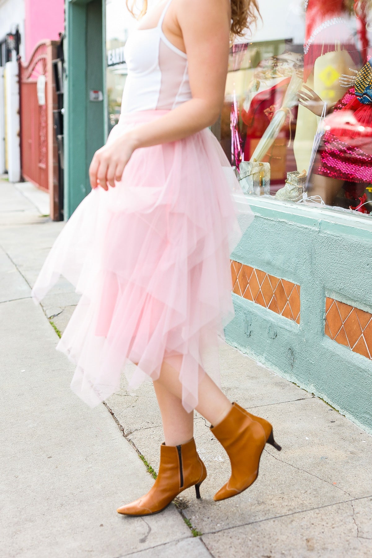 Feeling Femme' Blush Asymmetric Tiered Tulle Midi Skirt