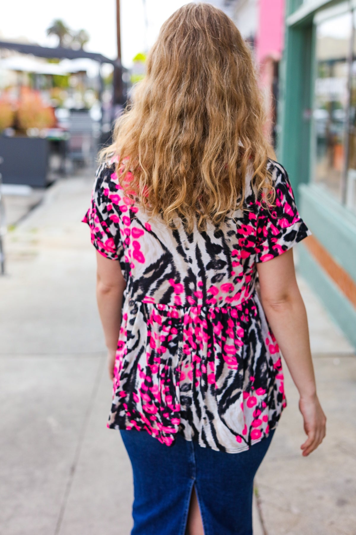 Take Me Away Pink Animal Print Babydoll V Neck Top