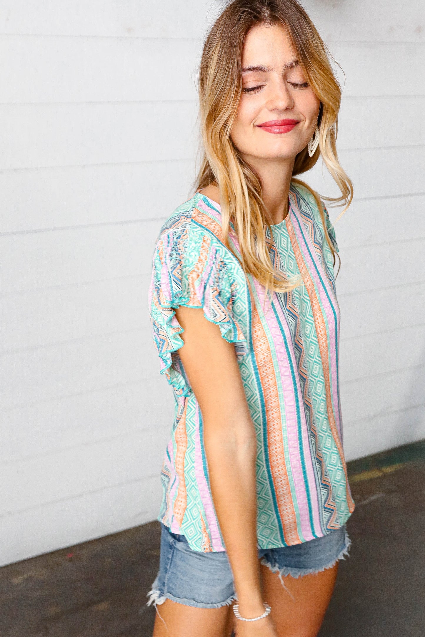 Multicolor Boho Stripe Smocked Ruffle Frill Sleeve Top