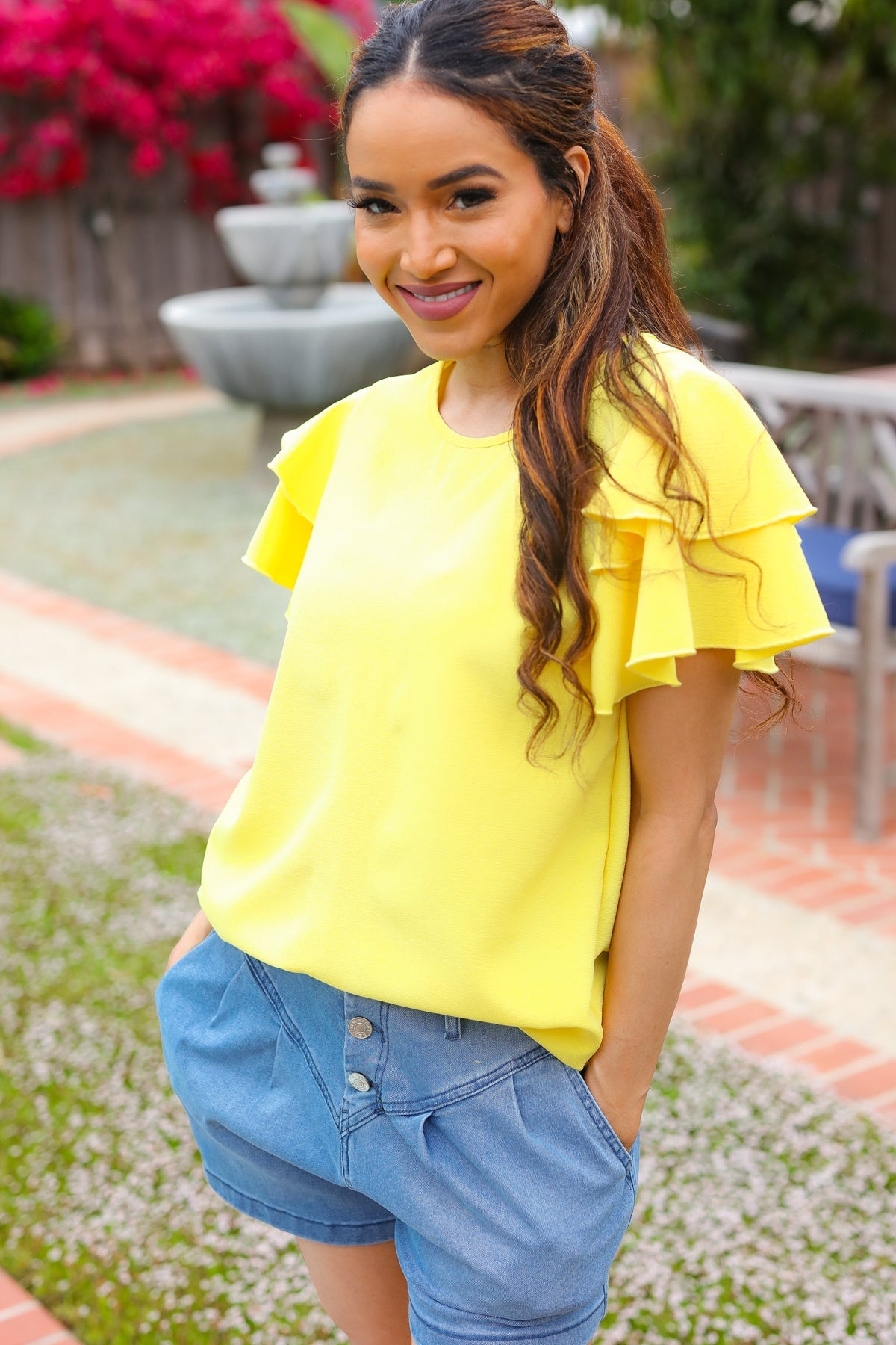 Lovely In Yellow Tiered Double Ruffle Sleeve Woven Top