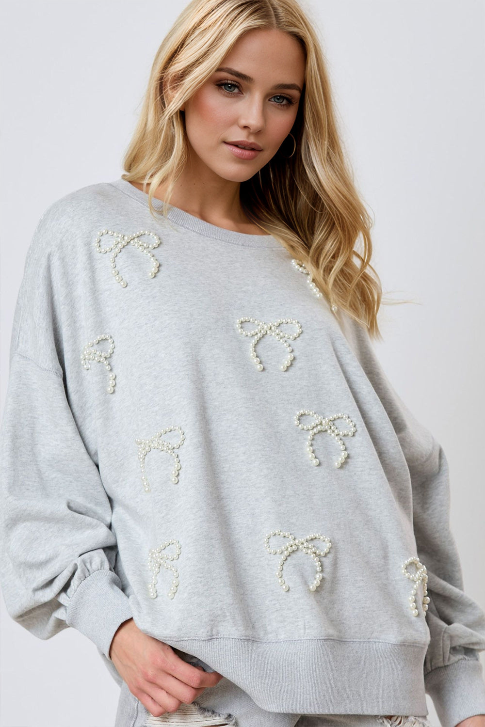 Pearl Bow Round Neck Dropped Shoulder Sweatshirt