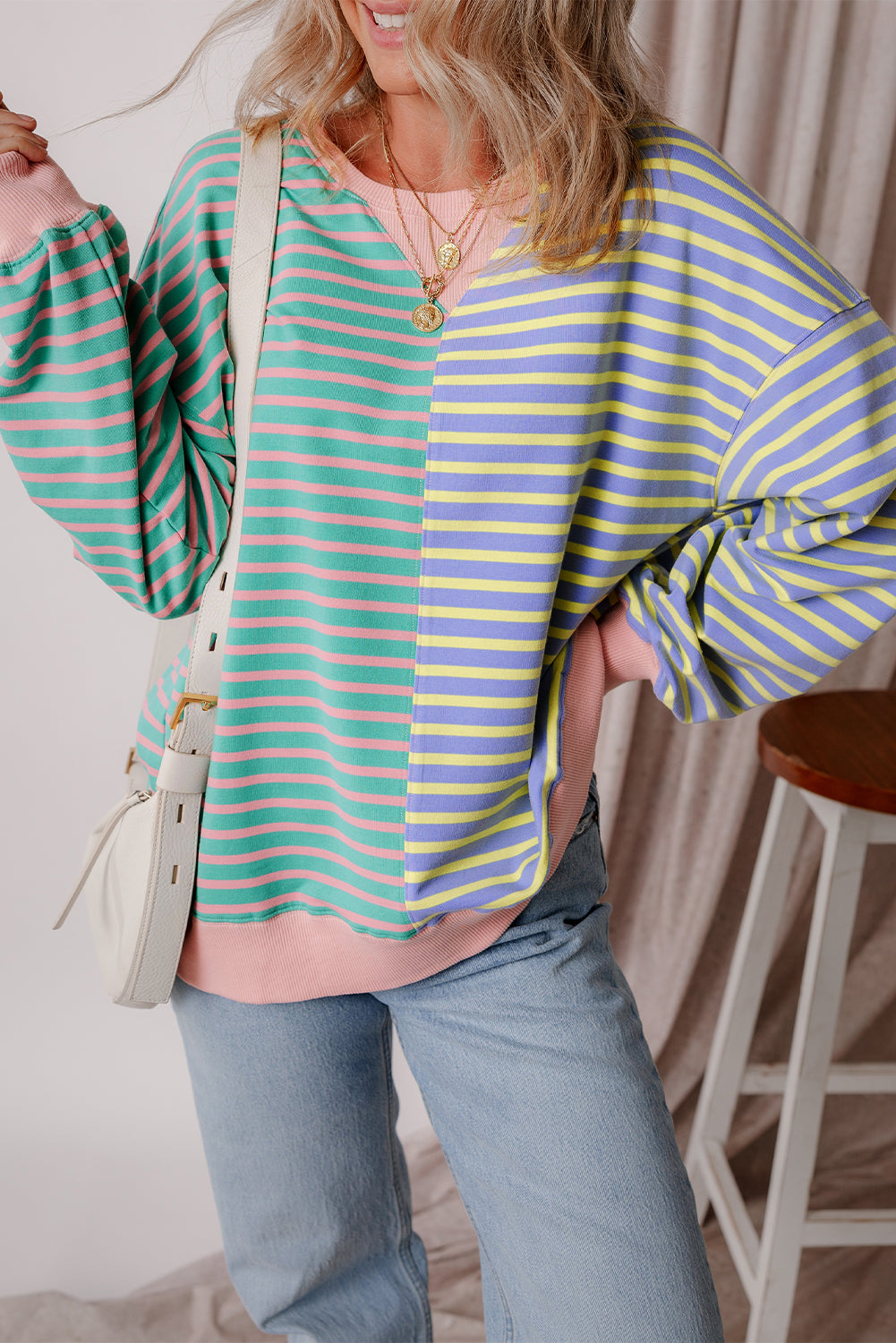 Green Stripe Casual Stripe Colorblock Drop Shoulder Oversize Sweatshirt