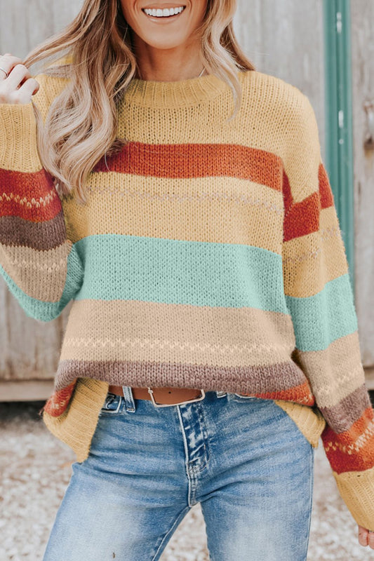 Color Block Round Neck Dropped Shoulder Sweater