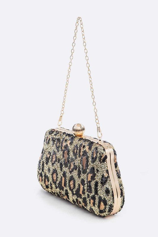 Leopard Print Sequins Convertible Box Clutch