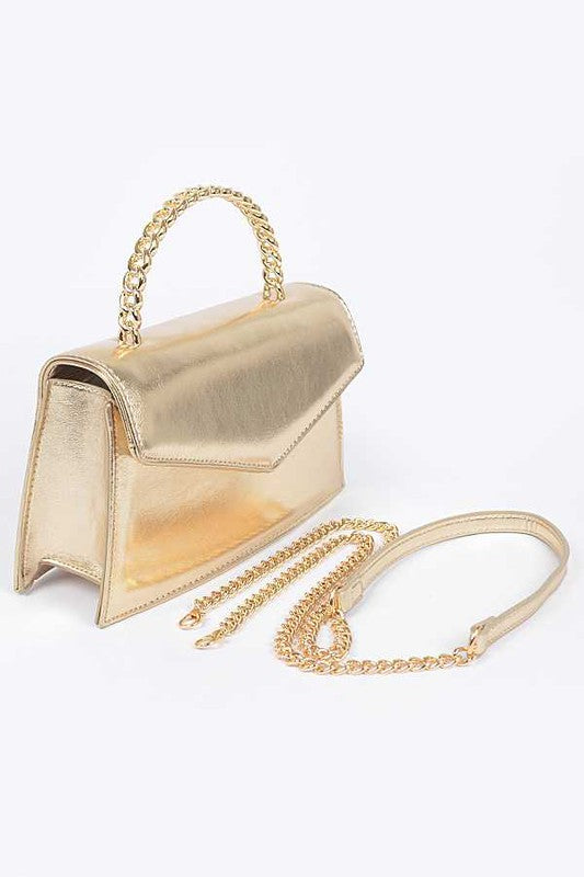 Metal Handle Metallic Leather Convertible Clutch