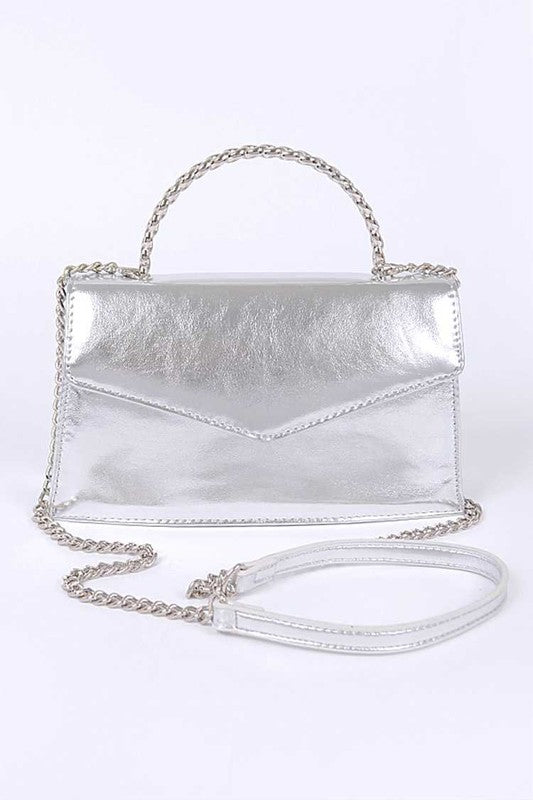 Metal Handle Metallic Leather Convertible Clutch