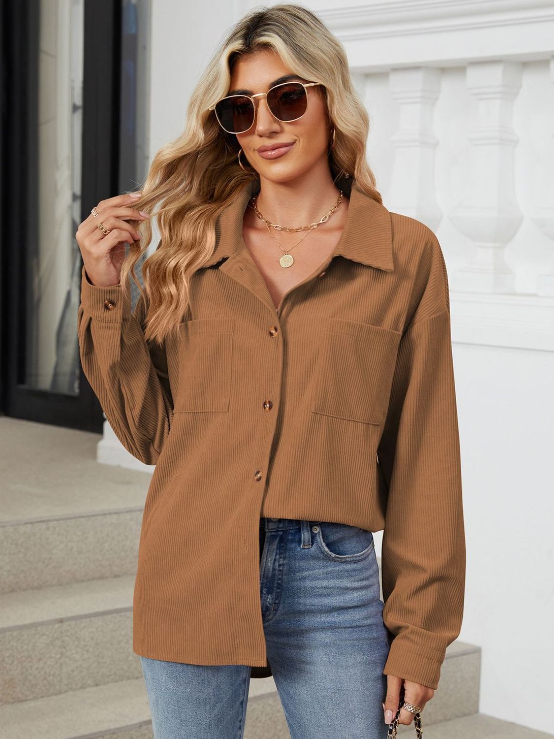 Button Up Dropped Shoulder Long Sleeve Outerwear