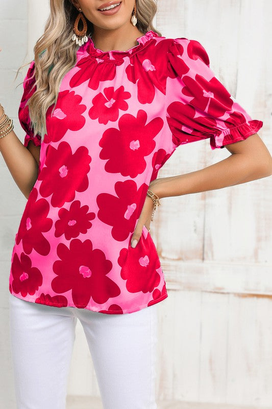 Floral Puff Sleeve Frill Neckline Blouse