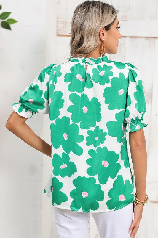 Floral Puff Sleeve Frill Neckline Blouse