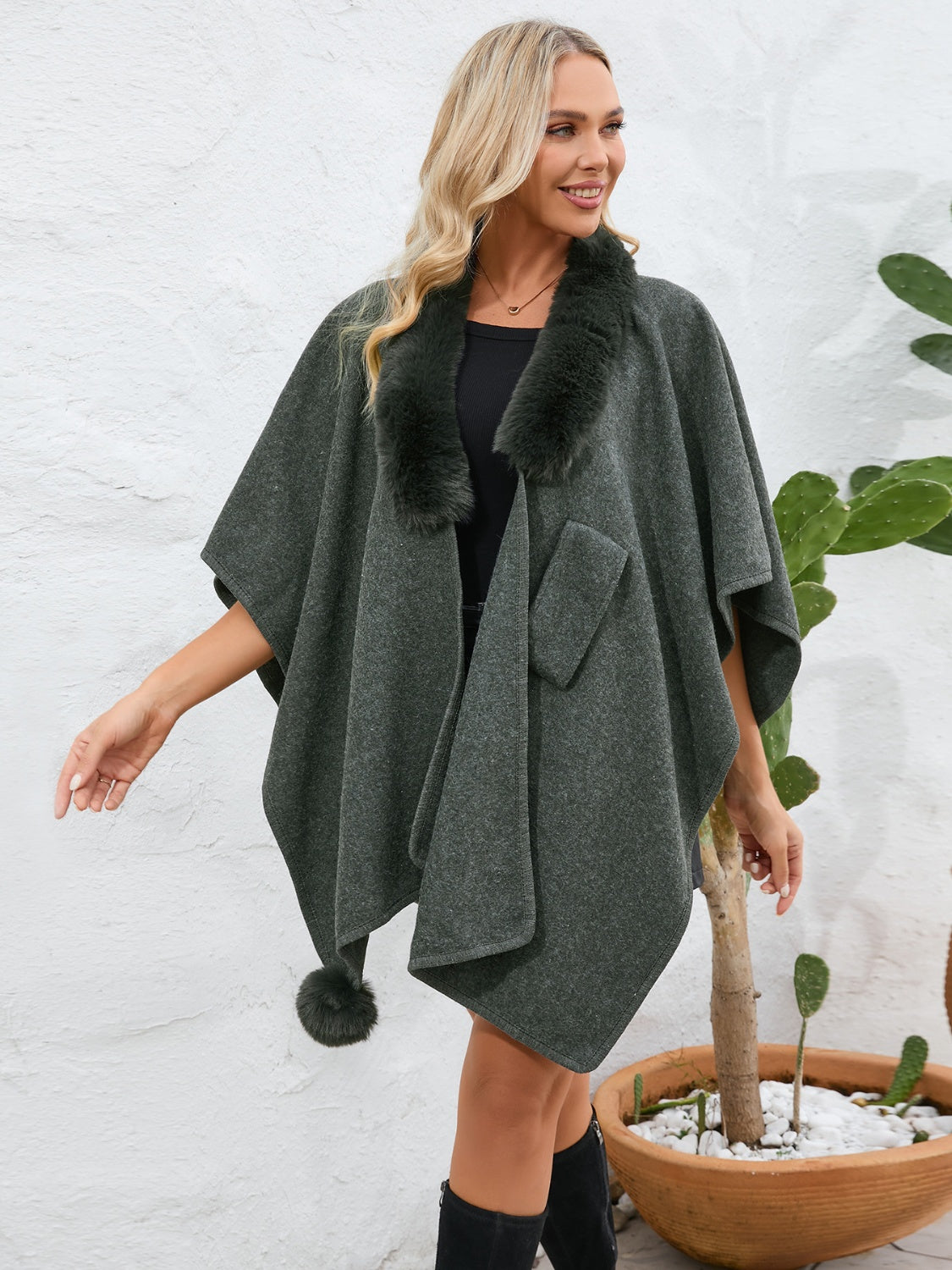 Fuzzy Trim Open Front Poncho