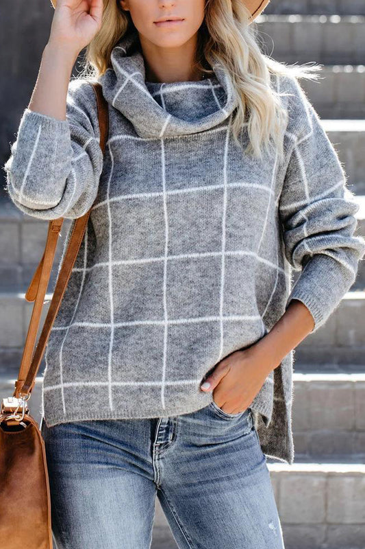 Plaid Turtleneck Drop Shoulder Sweater