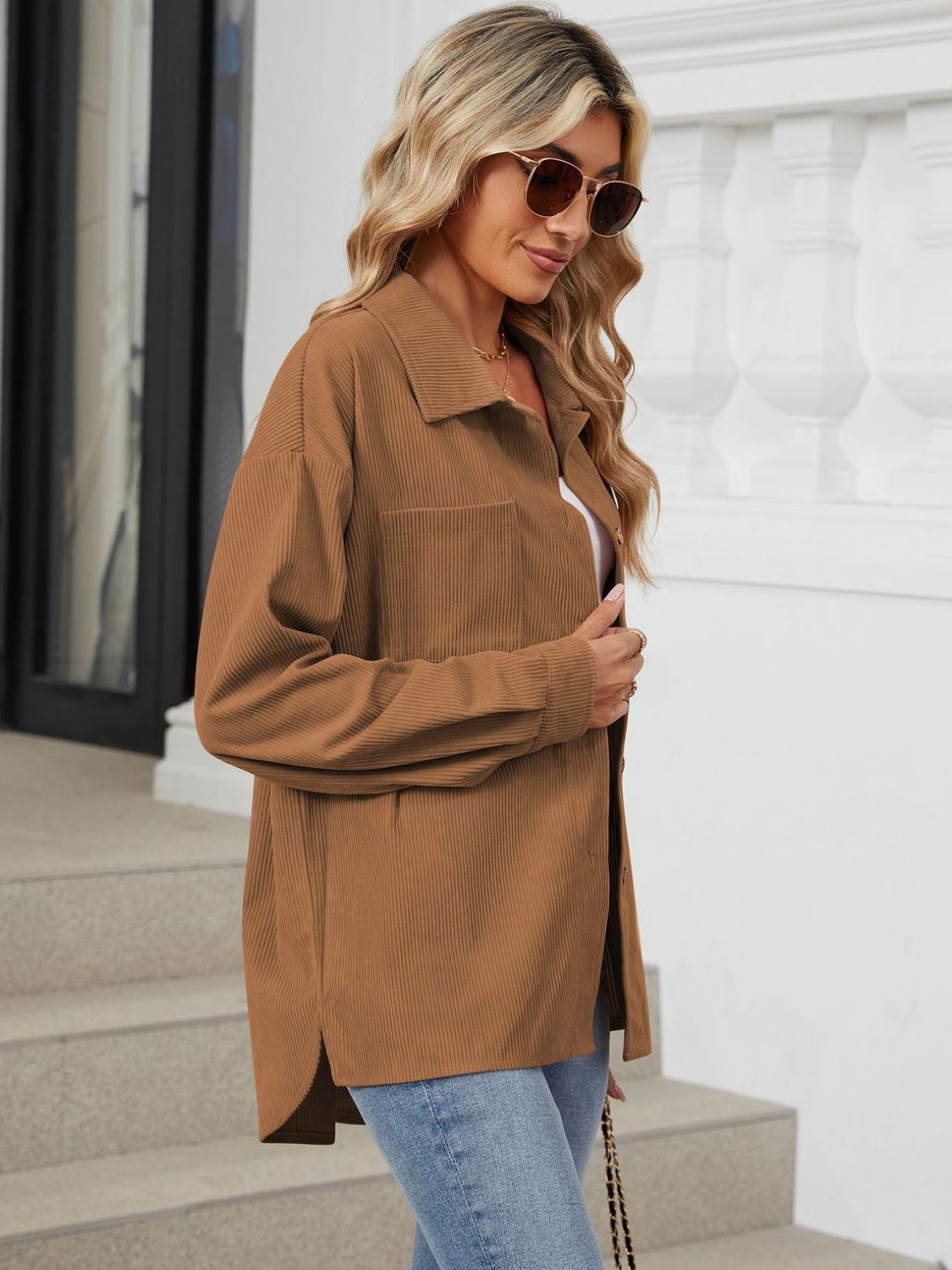 Button Up Dropped Shoulder Long Sleeve Outerwear