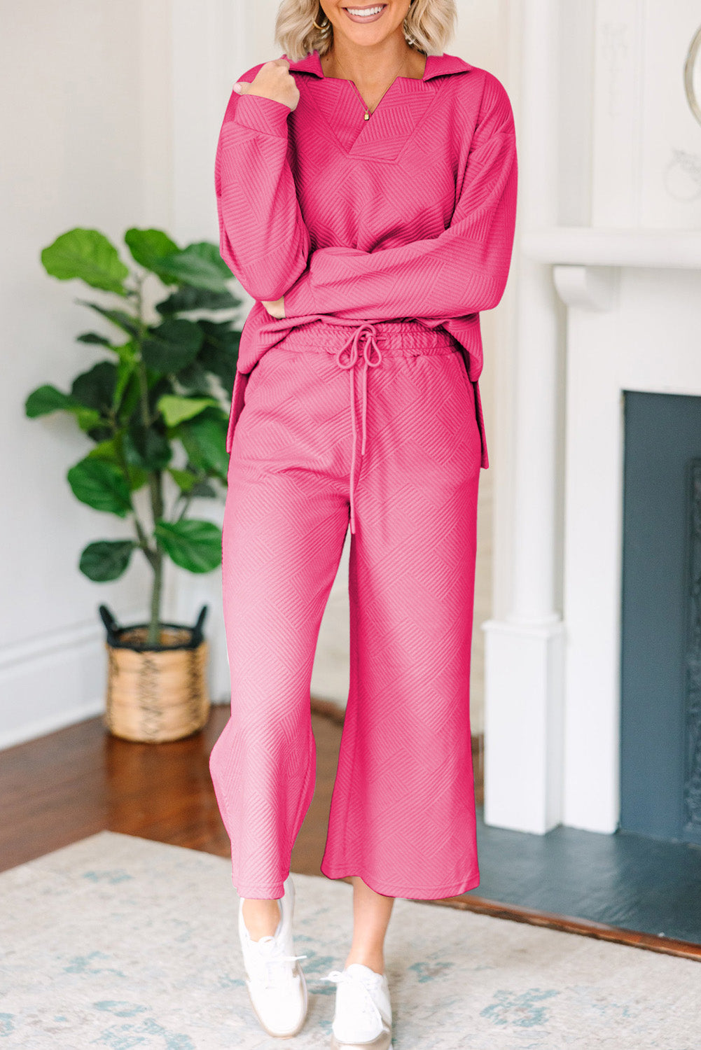Black Solid Textured Collared V Neck Top and Wide Leg Pants Set