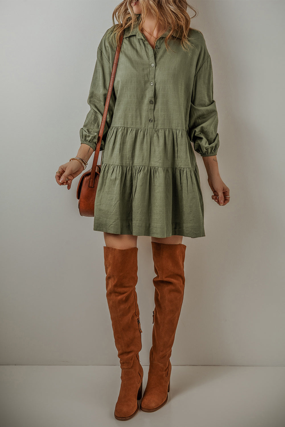 Tiered Half Button Balloon Sleeve Dress