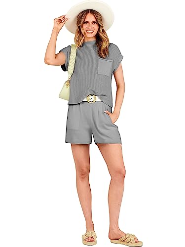 ANRABESS Women's Two Piece Summer Outfits Knit Sweater Short Sets Pullover Tops & Shorts Lounge Matching Clothes Set