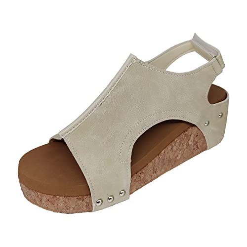 Wedge Sandals for Women Dressy Summer, Womens Open Toe Espadrilles Platform Sandals Buckle Ankle Strap Wedge Sandals Leather Sandals Casual Low Wedges Walking Strappy Slip on Sandals (A-Coffee, 9.5)