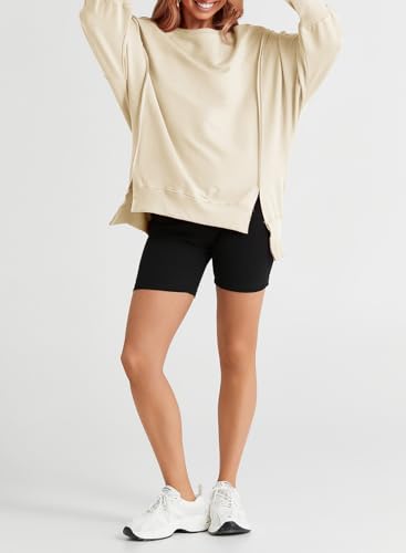 SHEWIN Womens Oversized Reverse Seam Sweatshirt Casual Long Sleeve Crewneck Lightweight Pullover Tops Loose Sweatshirts
