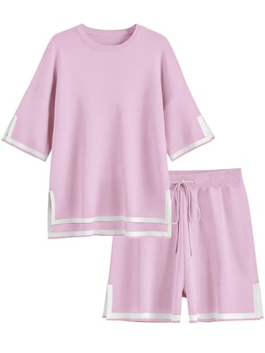 Ekouaer Womens Knit Pajamas Set 2 Piece Sweater Sets Short Sleeve Pullover Tops Loungewear