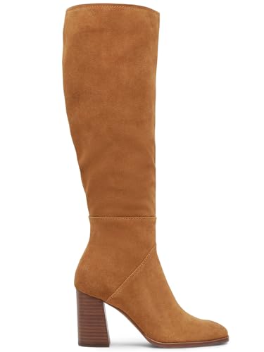 Coutgo Womens Knee High Boots Square Toe Chunky Block Heel Side Zipper Faux Suede Long Boots Fall Winter Shoes